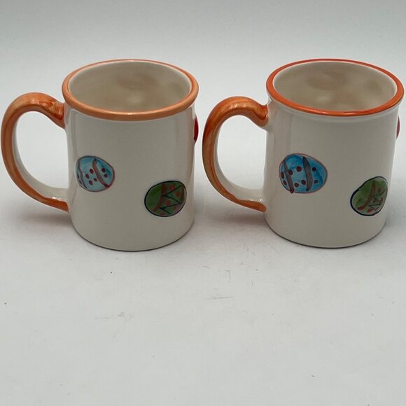 Set Of 2 Ceramic Easter Bunny Mugs Balloon EggOrange Rim & Handle Hand-Painted - Picture 3 of 10
